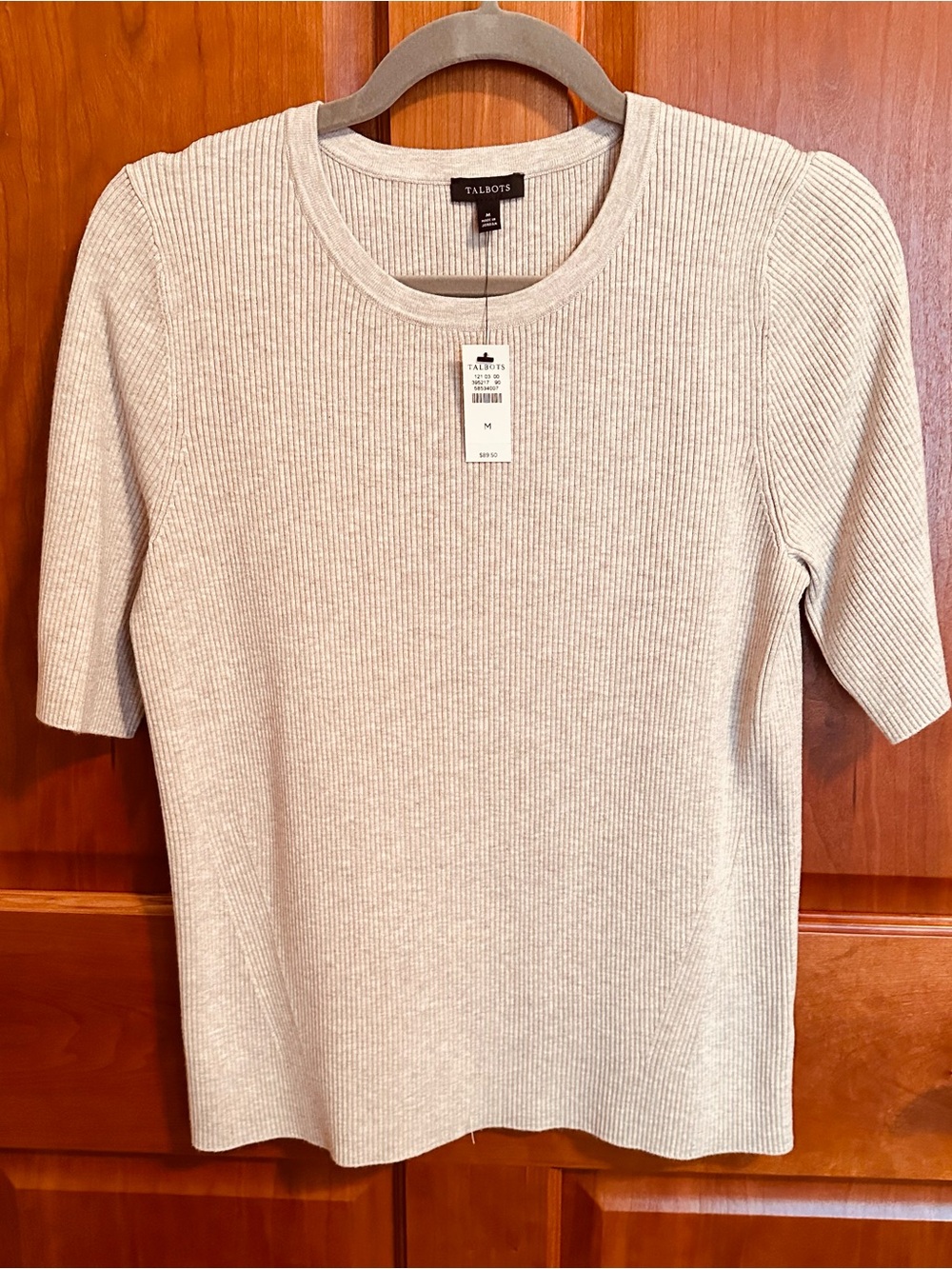 Talbots Short-Sleeve Ribbed Crewneck Top in Light Oatmeal.